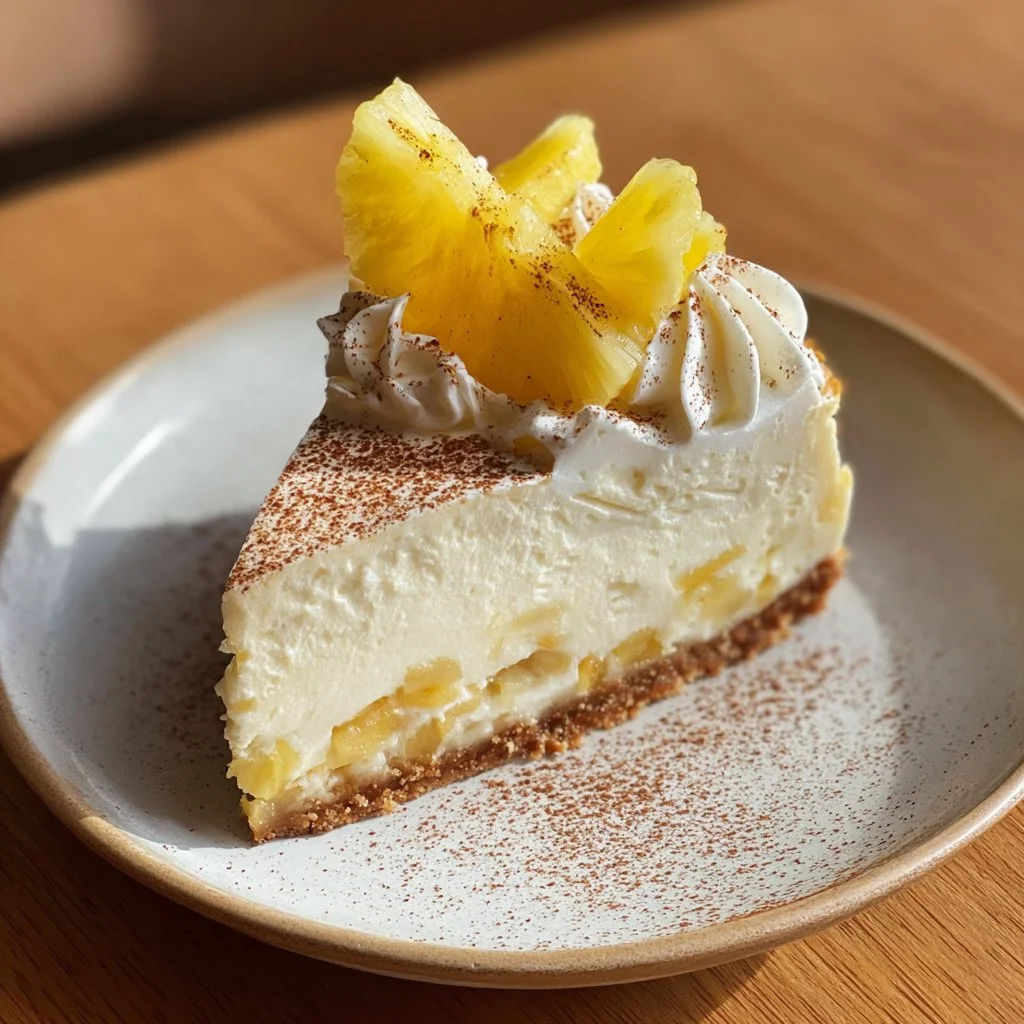 Delicious Pineapple Ginger Cheesecake topped with fresh pineapple slices and ginger.