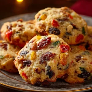Pioneer Woman fruitcake cookies beautifully arranged on a festive plate.