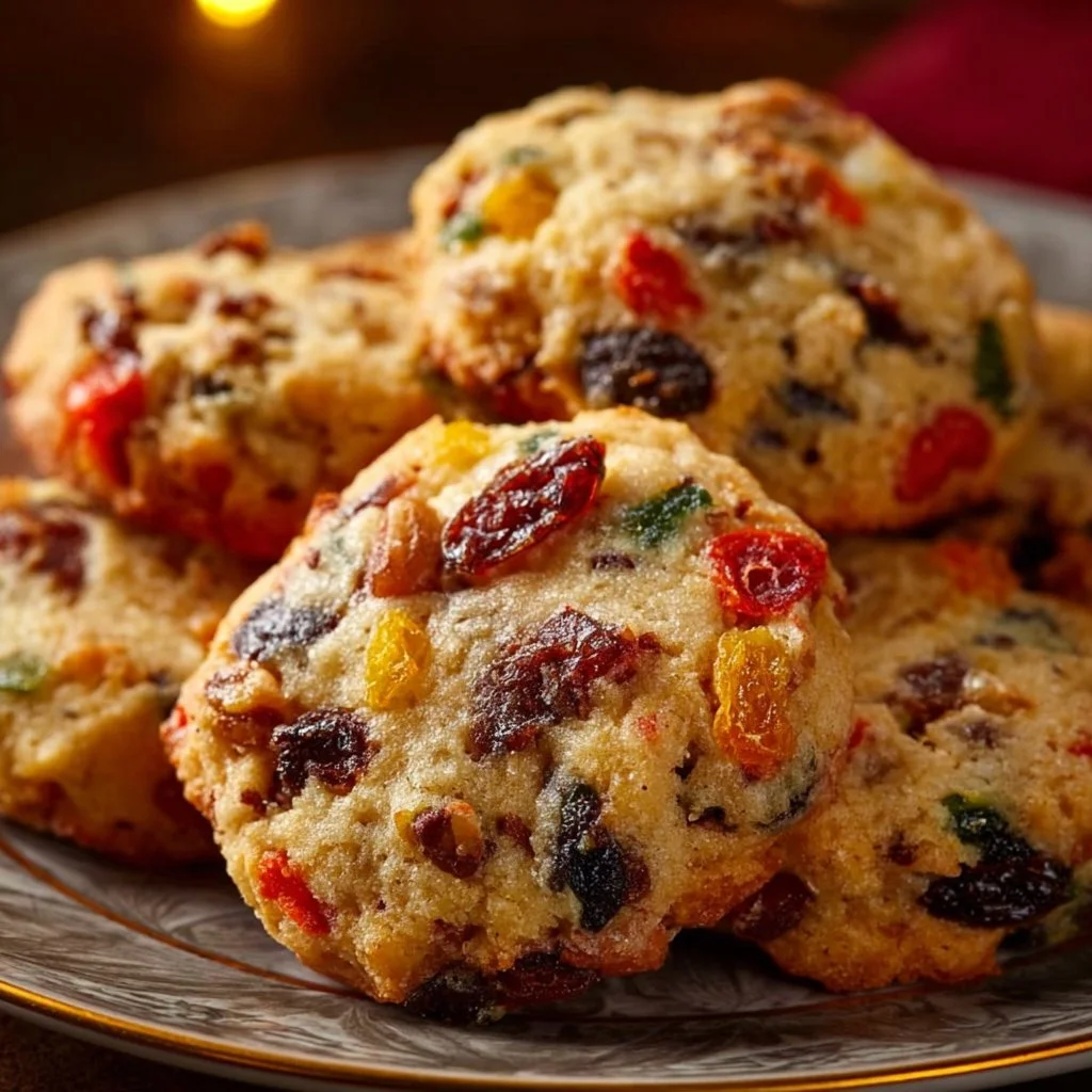 Pioneer Woman fruitcake cookies beautifully arranged on a festive plate.