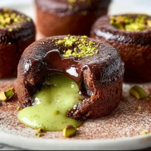 Delicious pistachio lava cakes with melted center served on a plate