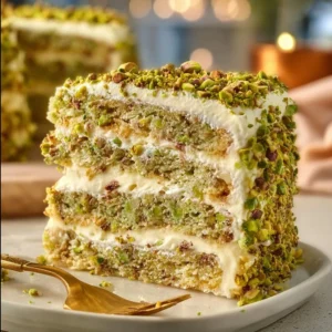 Pistachio Mascarpone Layer Cake with creamy frosting and crushed pistachios on top.