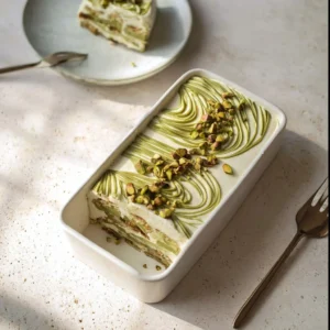 Delicious homemade Pistachio Tiramisu dessert in a glass dish