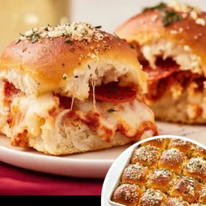 Homemade pizza sliders with melted cheese and toppings on a platter