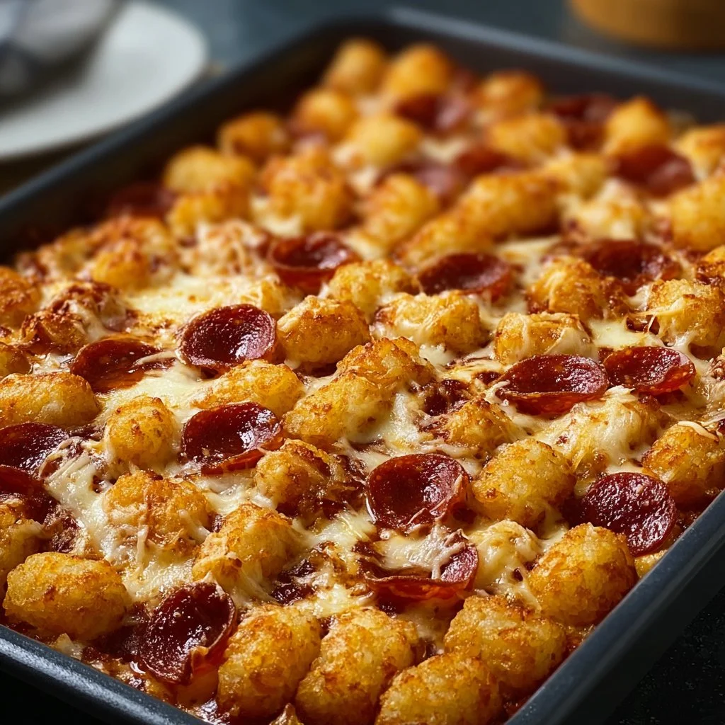 Delicious Pizza Tot Casserole topped with cheese and pepperoni, perfect for comfort food lovers.