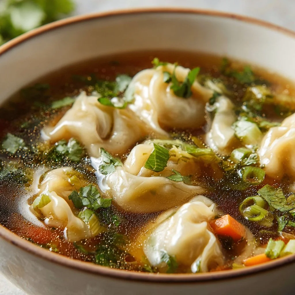 Bowl of delicious homemade Potsticker Soup with dumplings and vegetables