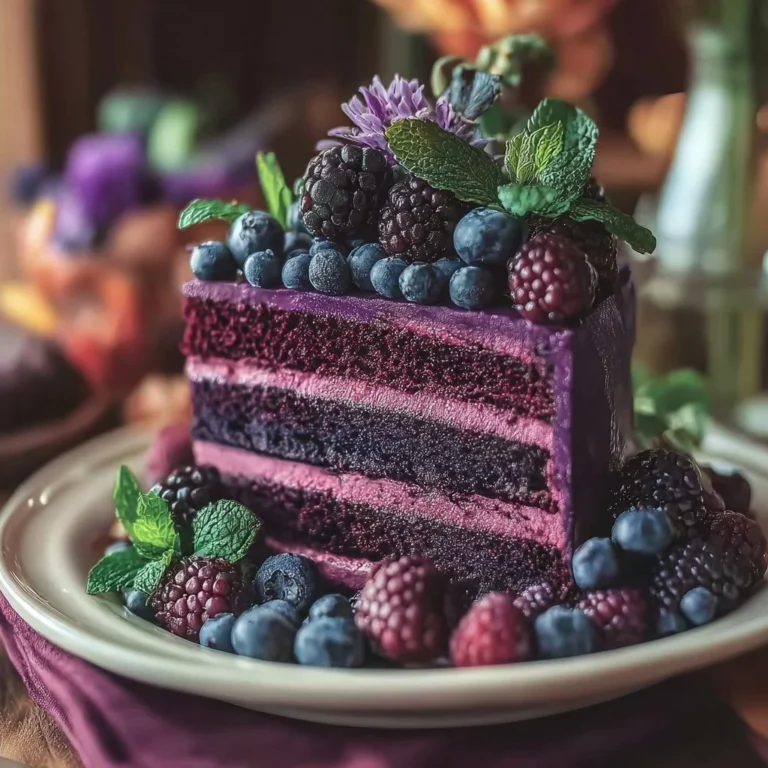 Delicious Purple Velvet Cake topped with cream cheese frosting.