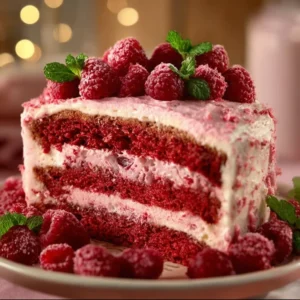 Raspberry Layer Cake with fresh raspberries and creamy frosting