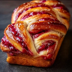 Freshly baked Raspberry Swirl Brioche Loaf with a rich red raspberry filling