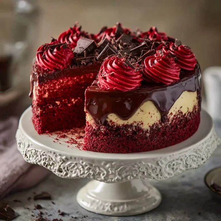 Delicious Red Velvet Cheesecake Layer Cake topped with cream cheese frosting.