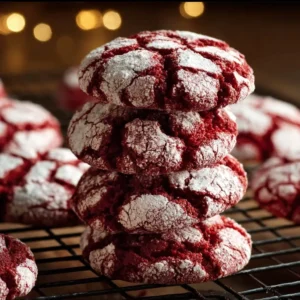 Delicious Red Velvet Crinkle Cookies with powdered sugar topping