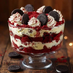 Delicious Red Velvet Oreo Trifle dessert with rich layers of cream and cookies