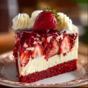 Delicious Red Velvet Strawberry Cheesecake dessert topped with fresh strawberries