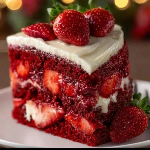 Decadent red velvet strawberry cheesecake with fresh strawberries on top.