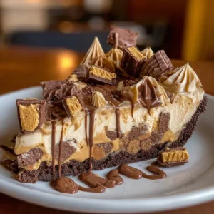 Reese's Peanut Butter Cup Cheesecake topped with chocolate ganache and peanut butter cups