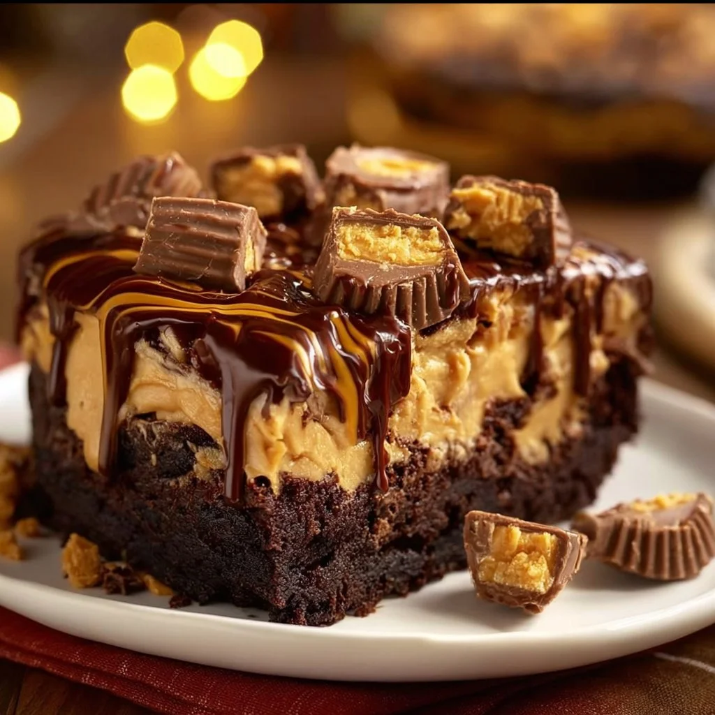 Reese’s Peanut Butter Earthquake Cake topped with chocolate and peanut butter drizzle