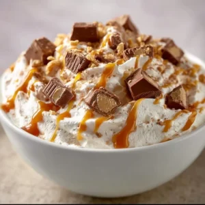 Delicious Reese's Peanut Butter Fluff dessert topped with chocolate.