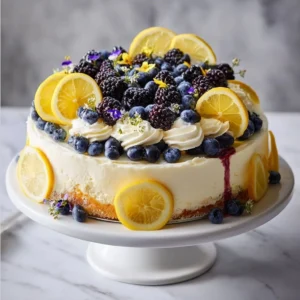 Slice of refreshing lemon blueberry cheesecake with fresh blueberries on top.