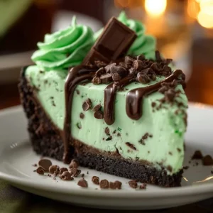 Slice of rich and creamy mint chocolate cheesecake with chocolate drizzle
