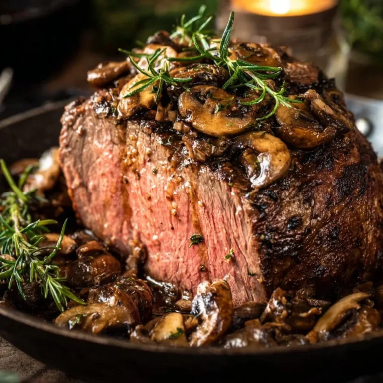 Rosemary and Garlic Roast Beef served with herbs and spices for a delicious meal.