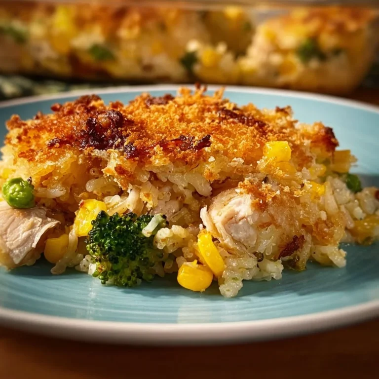 Rotisserie Chicken and Rice Casserole topped with cheese and herbs
