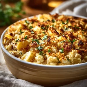 Delicious rotisserie chicken casserole served in a baking dish