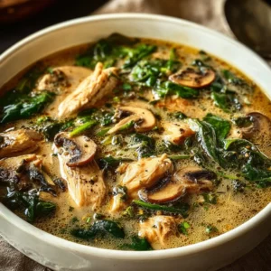 Delicious bowl of Rotisserie Chicken Mushroom Soup served with fresh herbs.