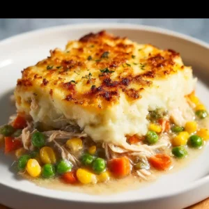 Delicious Rotisserie Chicken Shepherd's Pie topped with golden mashed potatoes