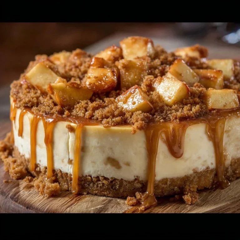 Delicious salted caramel apple pie cheesecake with caramel drizzle