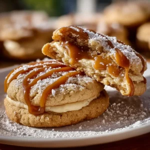 Salted caramel cheesecake cookies stacked on a plate