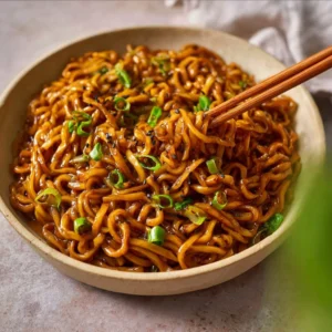 Bowl of saucy ramen noodles garnished with fresh vegetables and herbs