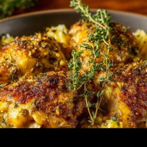 Savory baked herb chicken casserole in a dish, garnished with herbs