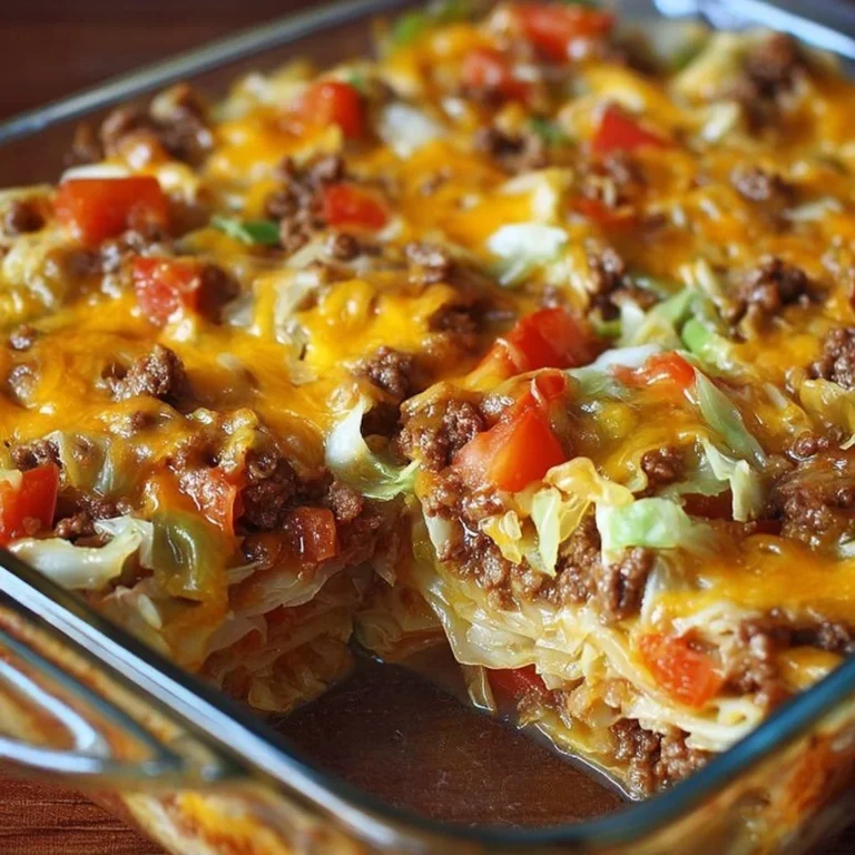 Savory cabbage beef bake in a baking dish with melted cheese on top.
