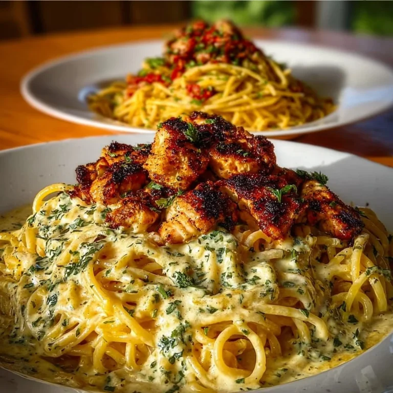 Savory Cajun Chicken served with creamy garlic Parmesan linguine