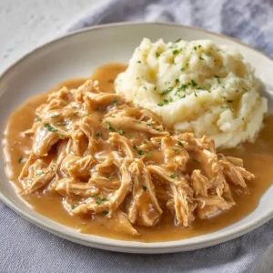 Delicious shredded chicken served with rich gravy on a dinner plate.