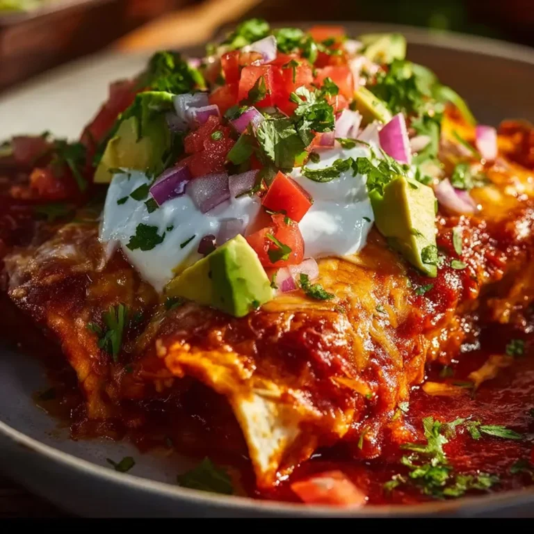 Delicious Shredded Chicken Enchilada Casserole topped with cheese and spices