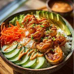 Shrimp rice bowls topped with spicy mayo, garnished with vegetables.