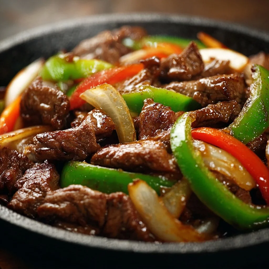 Sizzling Chinese pepper steak with onions and vibrant bell peppers