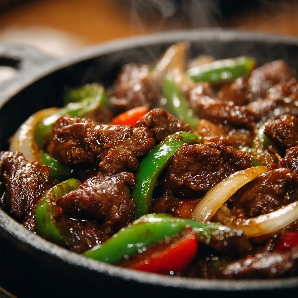 Sizzling Chinese Pepper Steak with Onions served on a plate