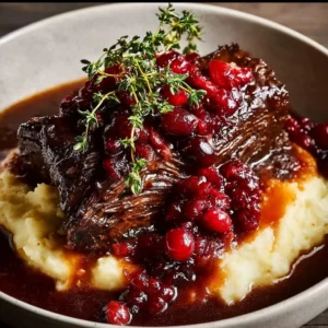 Slow-braised beef roast with cranberry balsamic glaze on a serving plate