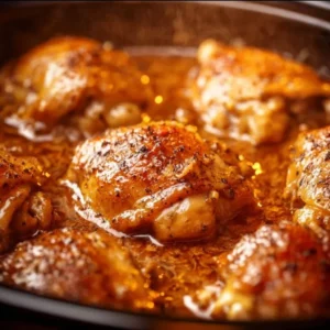 Slow cooker boneless skinless chicken thighs cooking in a pot