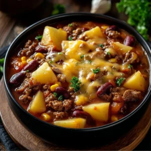 Delicious Slow Cooker Cowboy Casserole served in a bowl with toppings