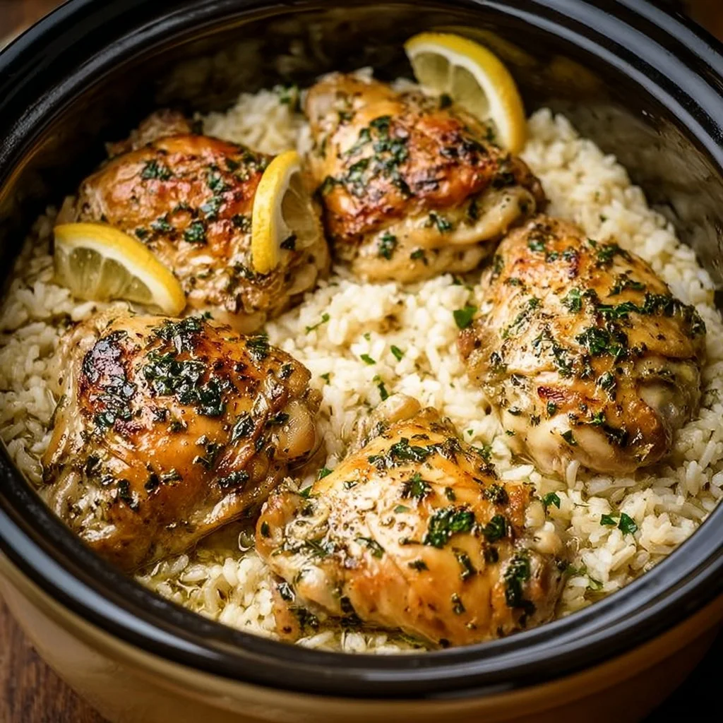 Slow Cooker Lemon Herb Chicken and Rice served with herbs and lemon slices
