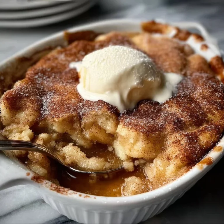 Delicious homemade snickerdoodle cobbler served with a scoop of vanilla ice cream.