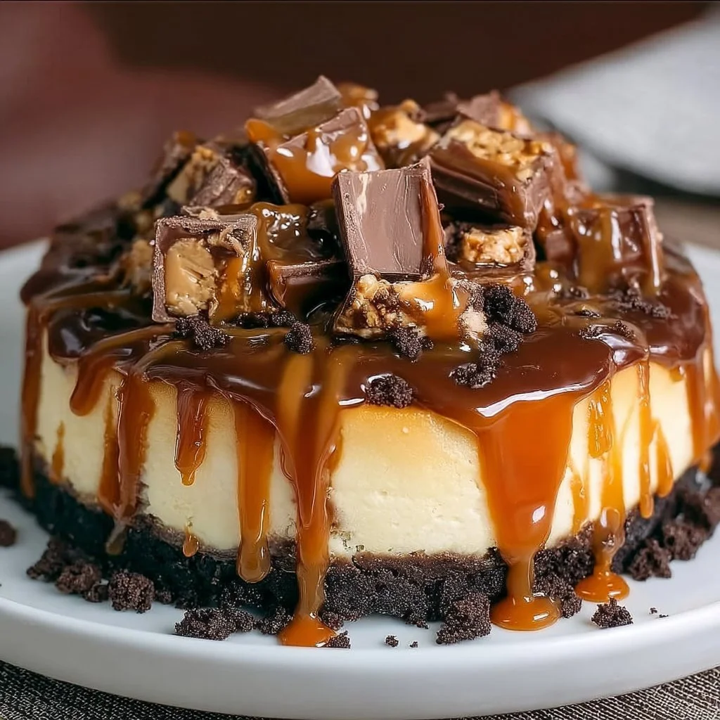 Delicious Snickers Cheesecake topped with chocolate and nuts.