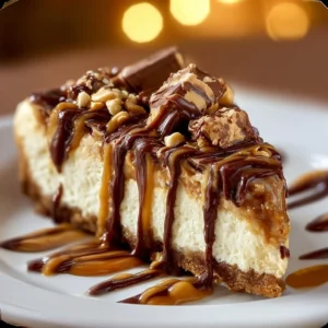 Delicious Snickers Cheesecake topped with caramel and peanuts