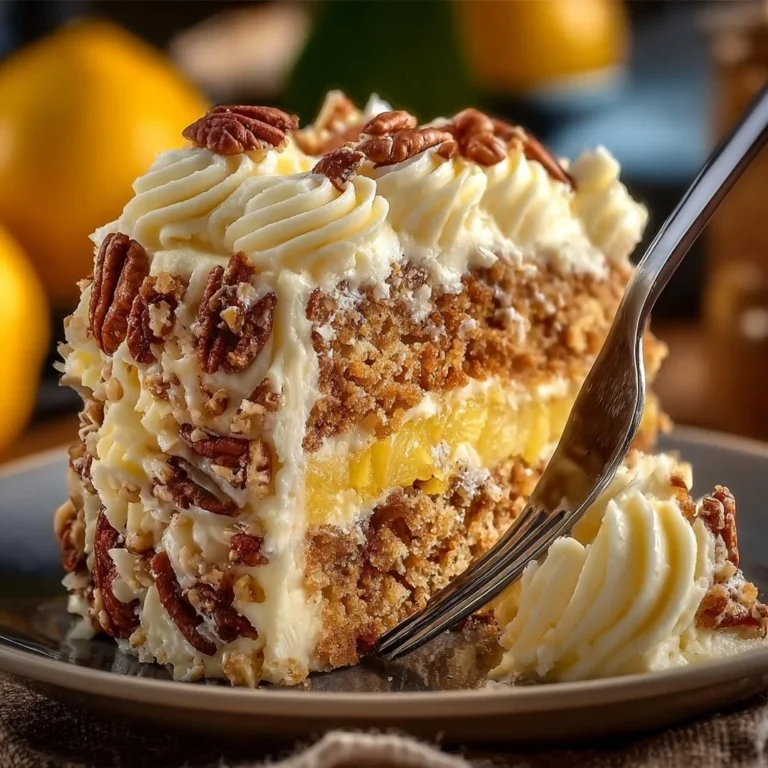 Delicious Southern Creamy Pineapple Pecan Cake with creamy frosting and pecans.