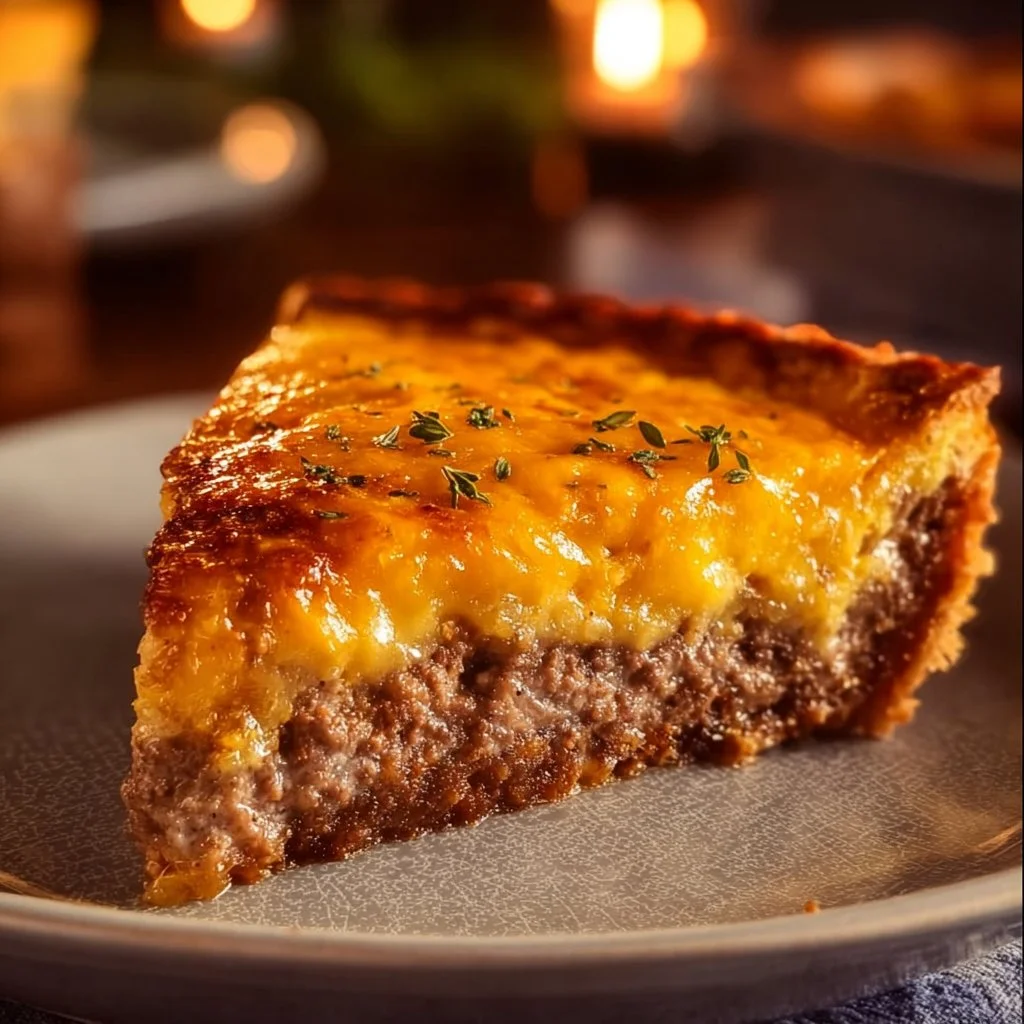 Southern Style Cheeseburger Pie baked in a golden crust with cheese and ground beef