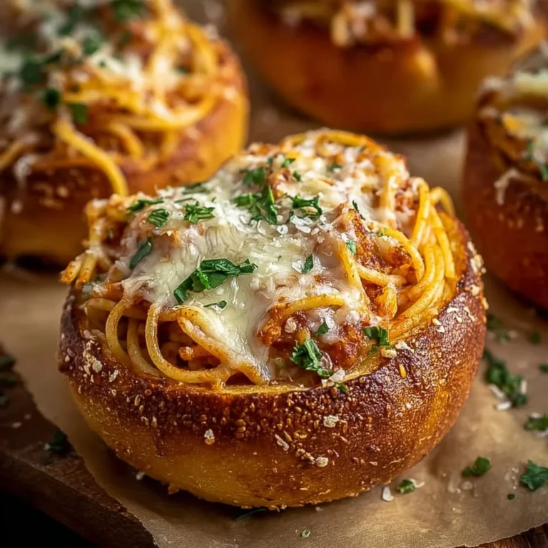 Delicious spaghetti served in crispy garlic bread bowls.