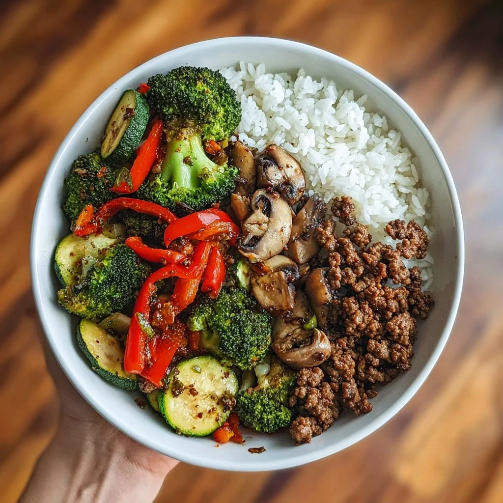Spicy ground beef stir-fry bowl with garlic veggies and rice