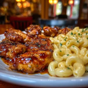 Plate of spicy honey pepper chicken with mac and cheese